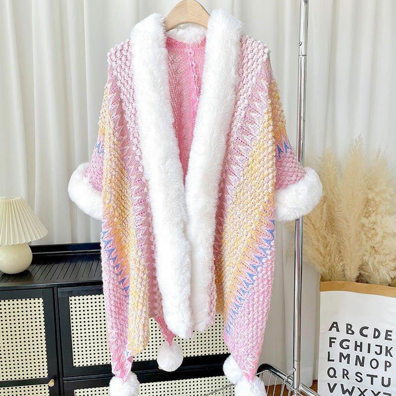 2024 Fall Winter Ethnic Style Women's Shawl | Faux Rabbit Fur Pom - Pom Cape for Travel, Photoshoots, Christmas & Thanksgiving - Coscosmos