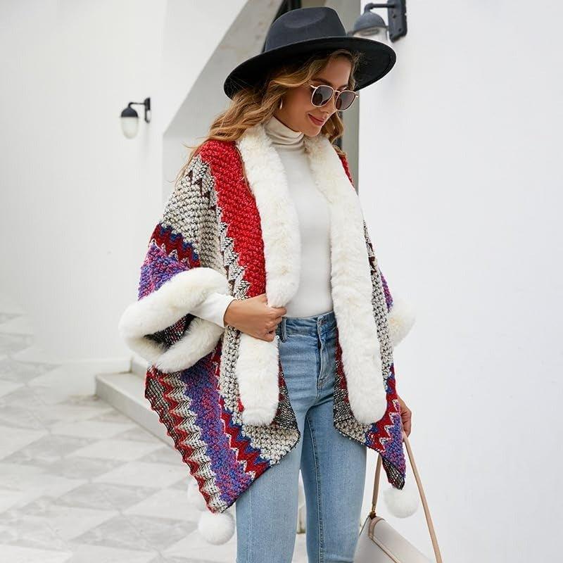 2024 Fall Winter Ethnic Style Women's Shawl | Faux Rabbit Fur Pom - Pom Cape for Travel, Photoshoots, Christmas & Thanksgiving - Coscosmos