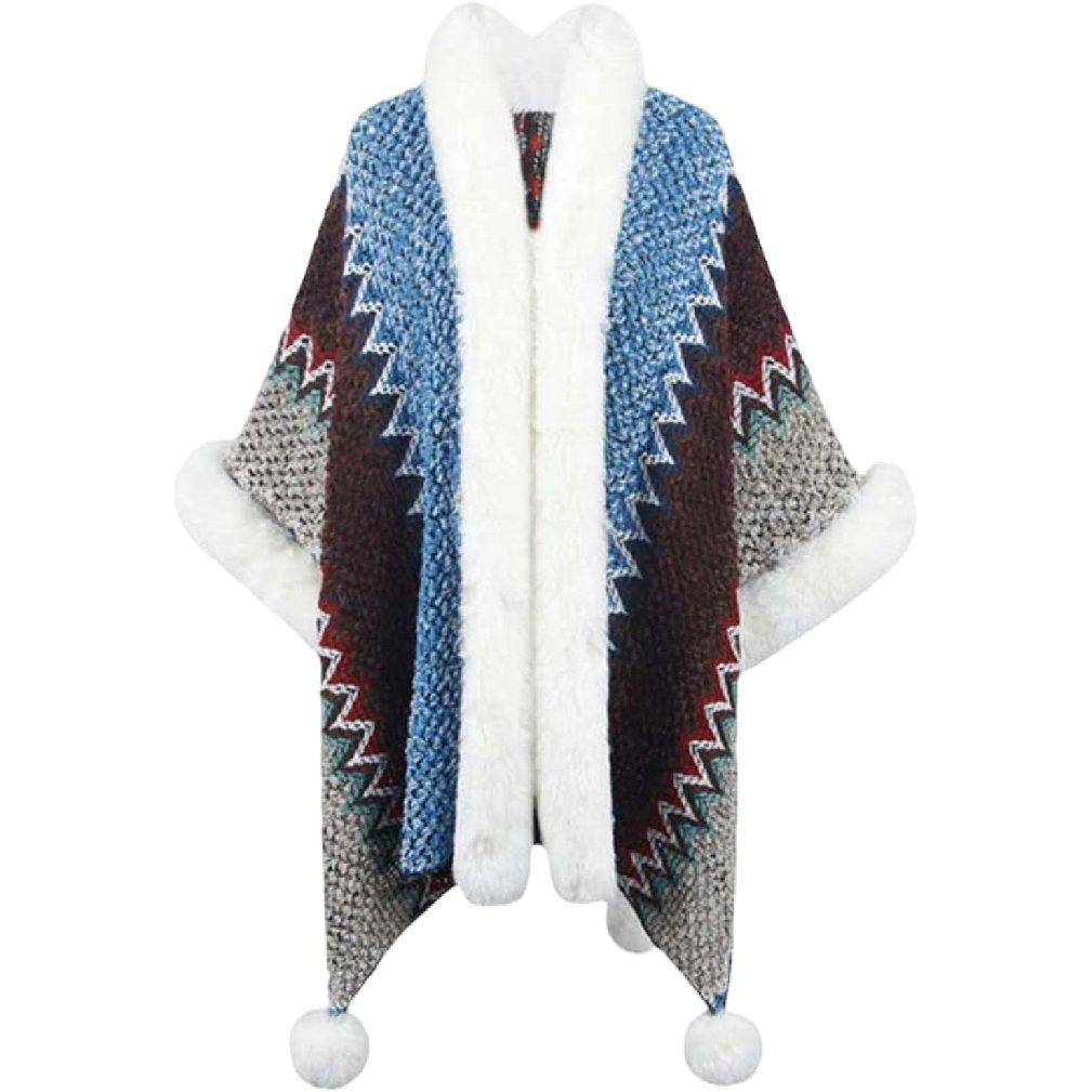 2024 Fall Winter Ethnic Style Women's Shawl | Faux Rabbit Fur Pom - Pom Cape for Travel, Photoshoots, Christmas & Thanksgiving - Coscosmos