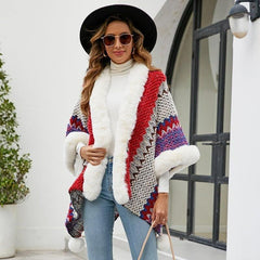 2024 Fall Winter Ethnic Style Women's Shawl | Faux Rabbit Fur Pom - Pom Cape for Travel, Photoshoots, Christmas & Thanksgiving - Coscosmos