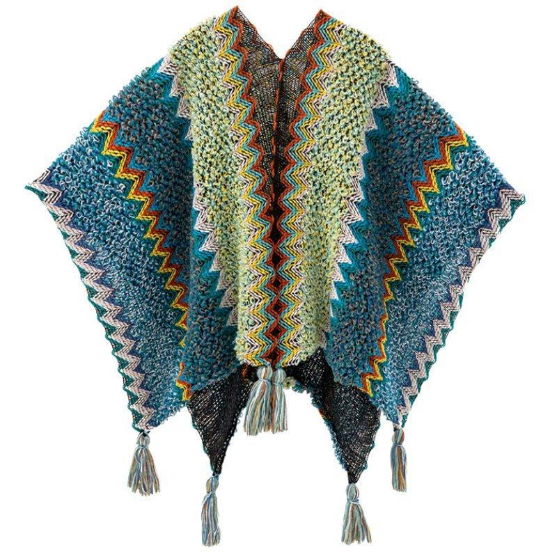 2024 Fall - Winter Green Ethnic Style Knitted Shawl | Vintage Yunnan Cape with Tassels for Christmas & Thanksgiving - Coscosmos