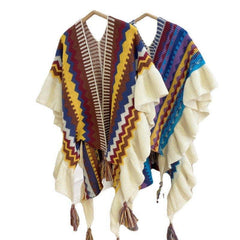 2024 Fall Winter Red & Blue Bohemian Wave Pattern Tassel Mohair Cardigan Shawl | Ethnic Knit Poncho for Christmas & Thanksgiving - Coscosmos