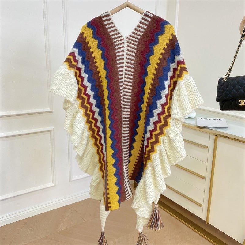 2024 Fall Winter Red & Blue Bohemian Wave Pattern Tassel Mohair Cardigan Shawl | Ethnic Knit Poncho for Christmas & Thanksgiving - Coscosmos