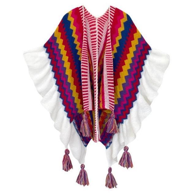 2024 Fall Winter Red & Blue Bohemian Wave Pattern Tassel Mohair Cardigan Shawl | Ethnic Knit Poncho for Christmas & Thanksgiving - Coscosmos