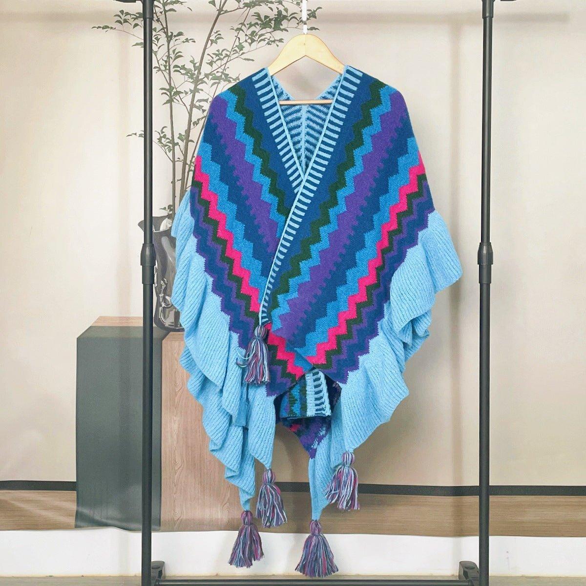 2024 Fall Winter Red & Blue Bohemian Wave Pattern Tassel Mohair Cardigan Shawl | Ethnic Knit Poncho for Christmas & Thanksgiving - Coscosmos