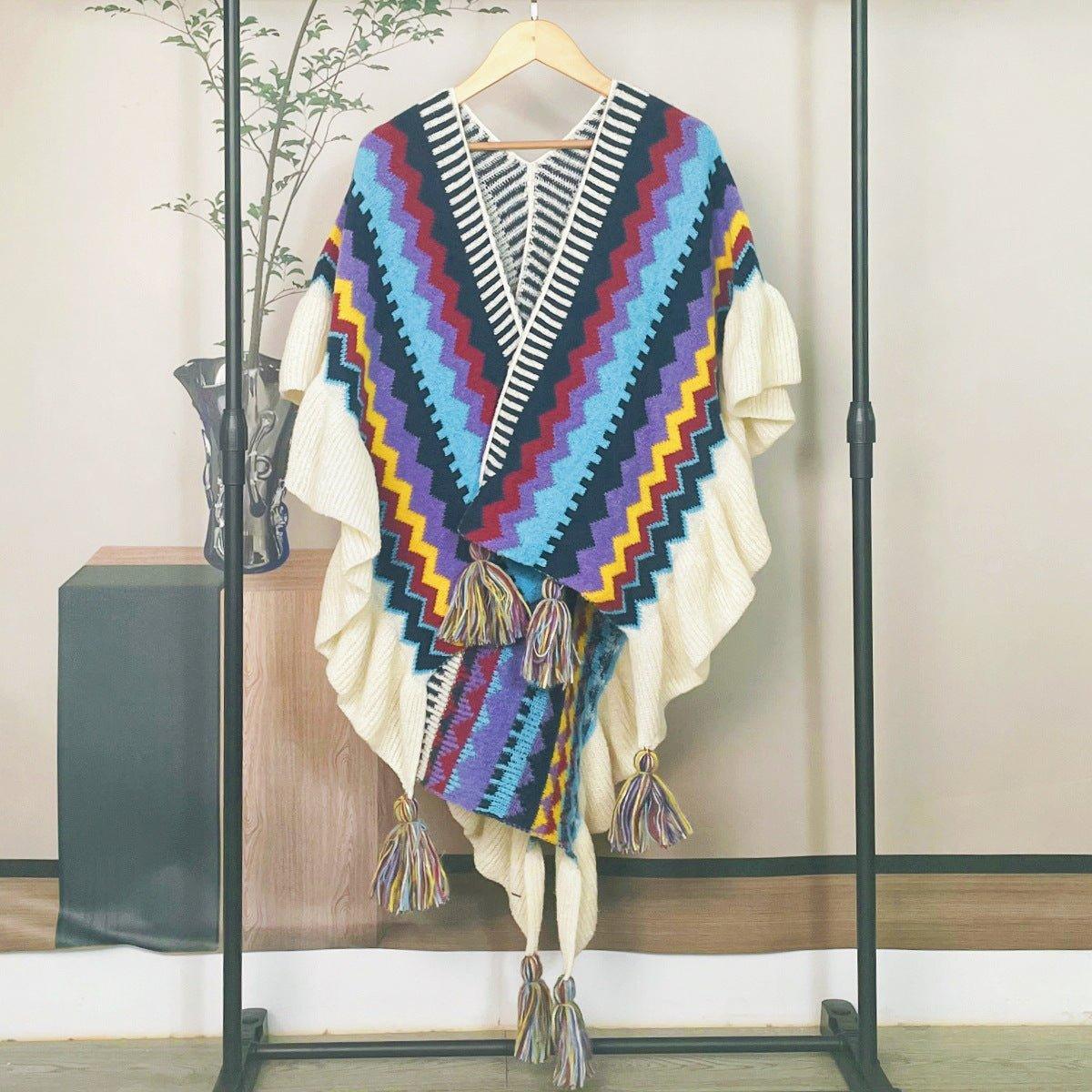 2024 Fall Winter Red & Blue Bohemian Wave Pattern Tassel Mohair Cardigan Shawl | Ethnic Knit Poncho for Christmas & Thanksgiving - Coscosmos