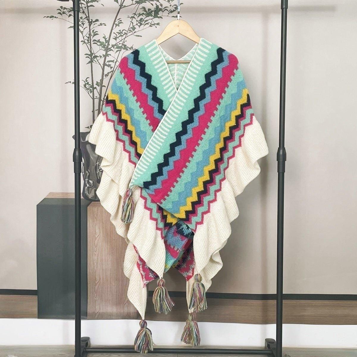 2024 Fall Winter Red & Blue Bohemian Wave Pattern Tassel Mohair Cardigan Shawl | Ethnic Knit Poncho for Christmas & Thanksgiving - Coscosmos