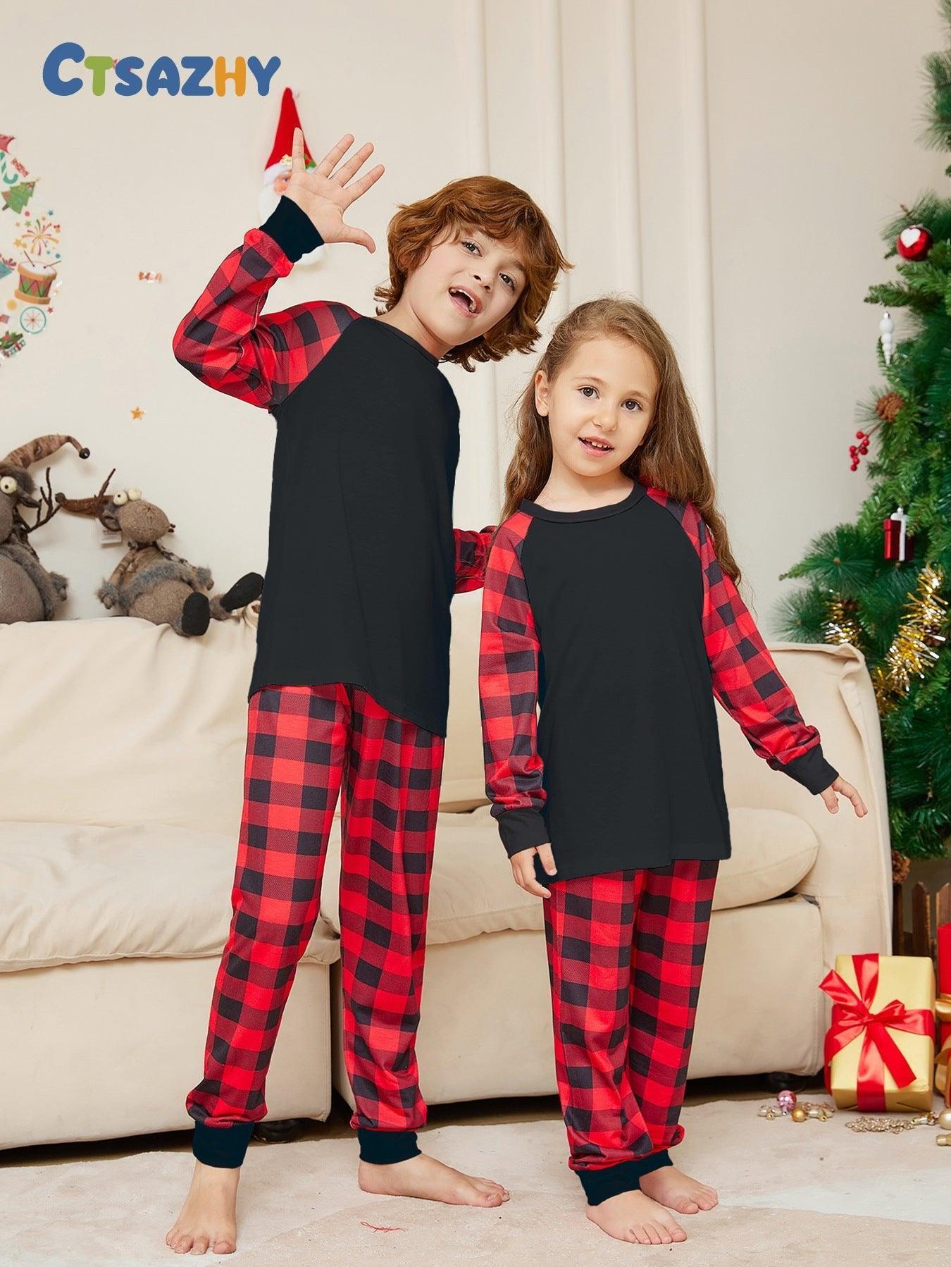 2024 New Christmas Plaid Family Matching Pajamas | Stylish Black & Red Plaid Holiday Loungewear Set - Coscosmos