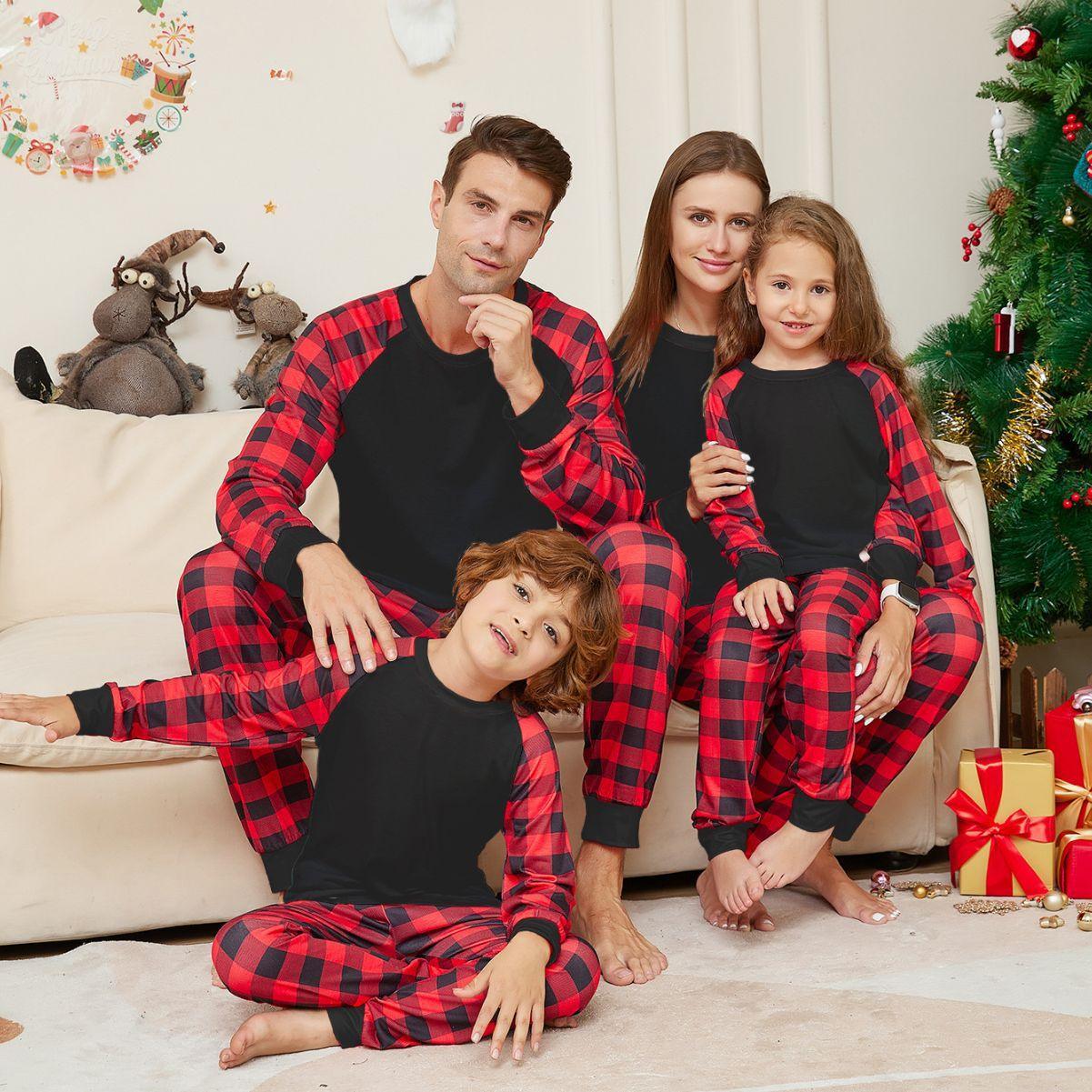 2024 New Christmas Plaid Family Matching Pajamas | Stylish Black & Red Plaid Holiday Loungewear Set - Coscosmos