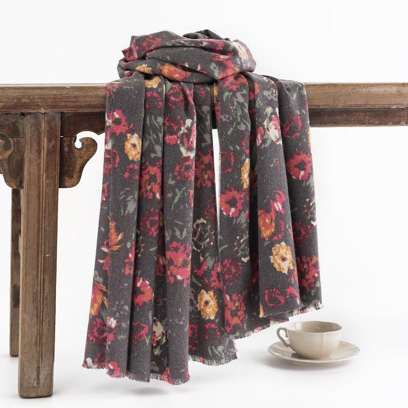 2024 Rose Print Winter Scarf, Faux Cashmere Scarf, Warm Korean Style Shawl for Thanksgiving & Halloween - Coscosmos