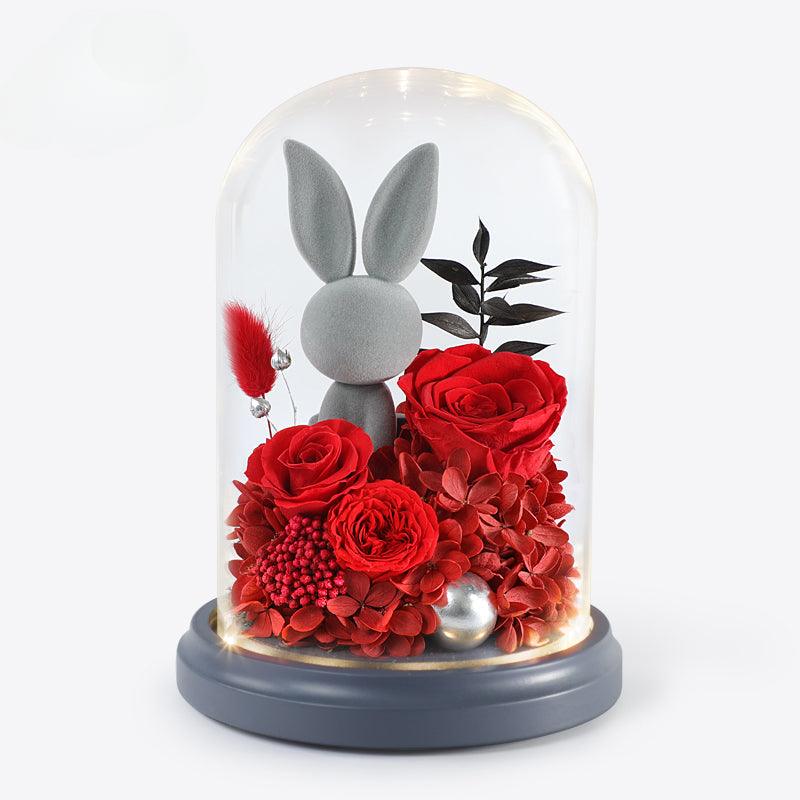 Forever Love Eternal Flower Gift - Romantic Rose Bouquet in Box with Adorable Bear and Bunny for Girlfriend