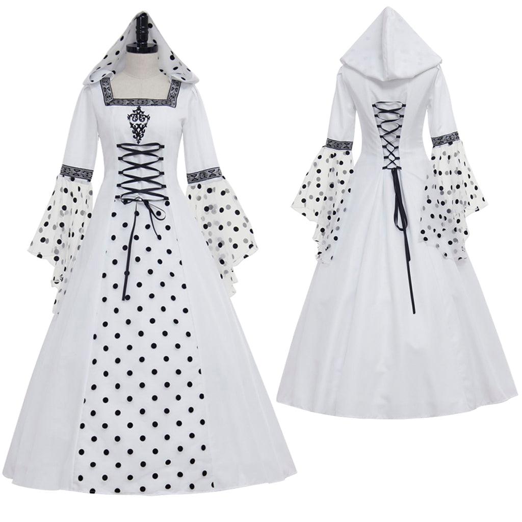 Gothic Steampunk Hooded Polka Dot White Dress Medieval Victorian Renaissance Royal Court Costume Halloween Vampire Ball Gown