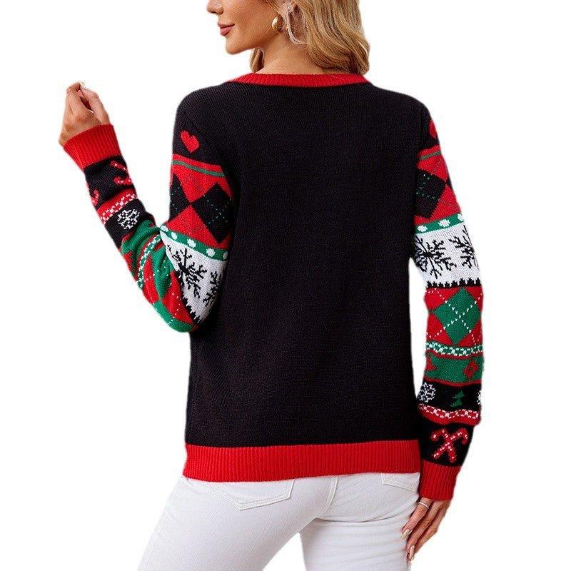 3D Reindeer Embellished Sequin Christmas Sweater - Cozy Knit Pullover with Pom - Poms and Embroidery - Coscosmos