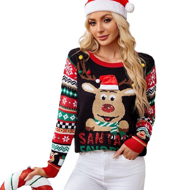 3D Reindeer Pom - Pom Christmas Sweater – Sequin Embroidery Round Neck Knitwear for Fall and Winter - Coscosmos