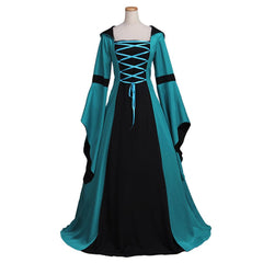 New Women Vintage Medieval Costume Renaissance Victorian Square Neck Flare Sleeve Lace Patchwork Hooded Gothic Dress Vestidos