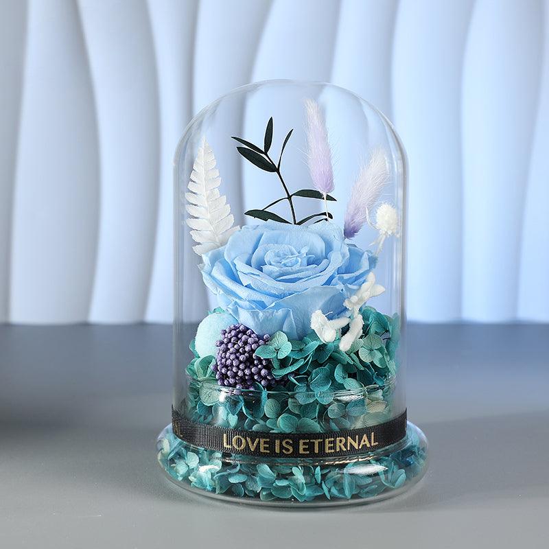 Pure Love Eternal Preserved Rose Glass Dome Gift Box - Blue Enchanted Rose Bouquet for Weddings, Birthdays Size12*17CM