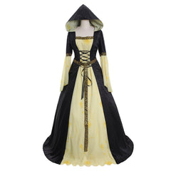 Yellow Black Hooded Medieval Dress with Belt - Women's Stage Musical Vintage Maxi Dresses Party Halloween Outfit