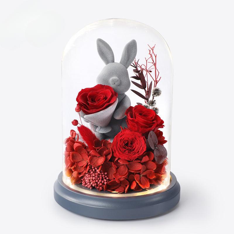 Forever Love Eternal Flower Gift - Romantic Rose Bouquet in Box with Adorable Bear and Bunny for Girlfriend