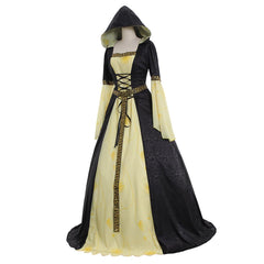 Yellow Black Hooded Medieval Dress with Belt - Women's Stage Musical Vintage Maxi Dresses Party Halloween Outfit