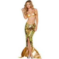 Golden Mermaid Theme Sexy Sequin Costume – Shell Bra and High-Slit Mermaid Tail Skirt Set