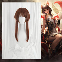 LOL Risen Legend Ahri Cosplay Wig 65cm Brown Color with Braid Wigs Women Heat Resistant Synthetic Hair