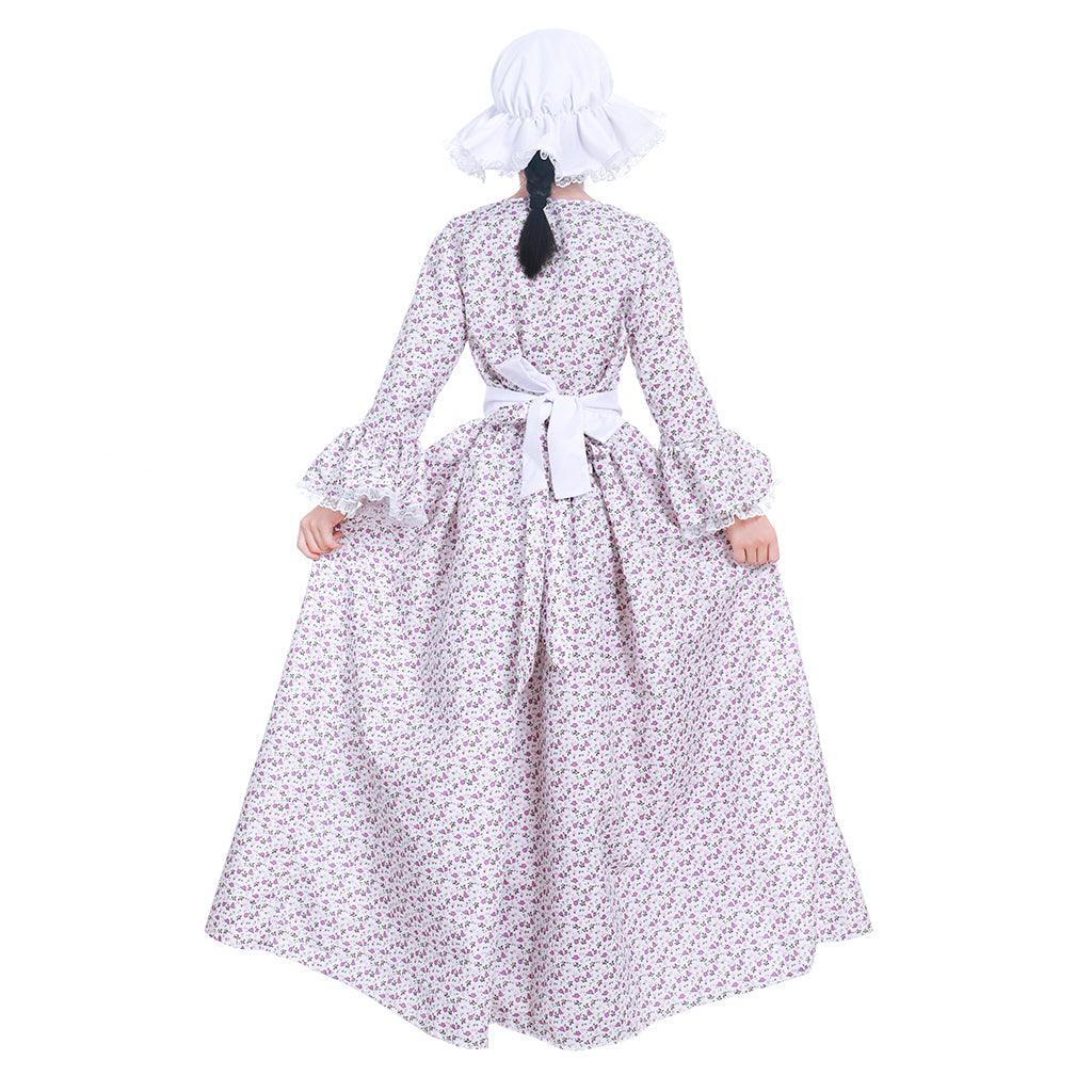 Reenactment Pioneer Prairie Colonial Maid Girls Kids Costume Carnival Victorian Medieval Cosplay Child Dress with Hat