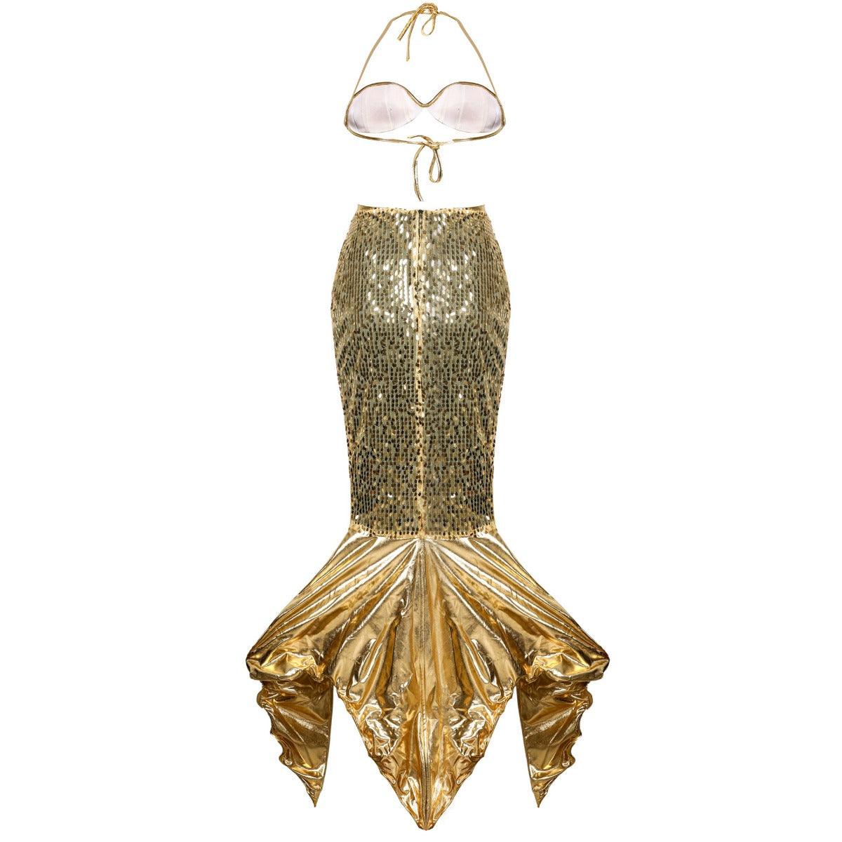 Golden Mermaid Theme Sexy Sequin Costume – Shell Bra and High-Slit Mermaid Tail Skirt Set