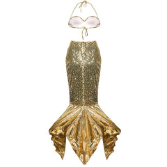 Golden Mermaid Theme Sexy Sequin Costume – Shell Bra and High-Slit Mermaid Tail Skirt Set