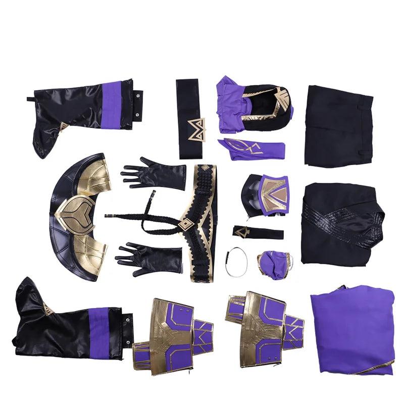 Mortal Kombat 11 Rain Cosplay Costume | Purple Warrior Uniform Set with Armguard, Gloves, and Mask