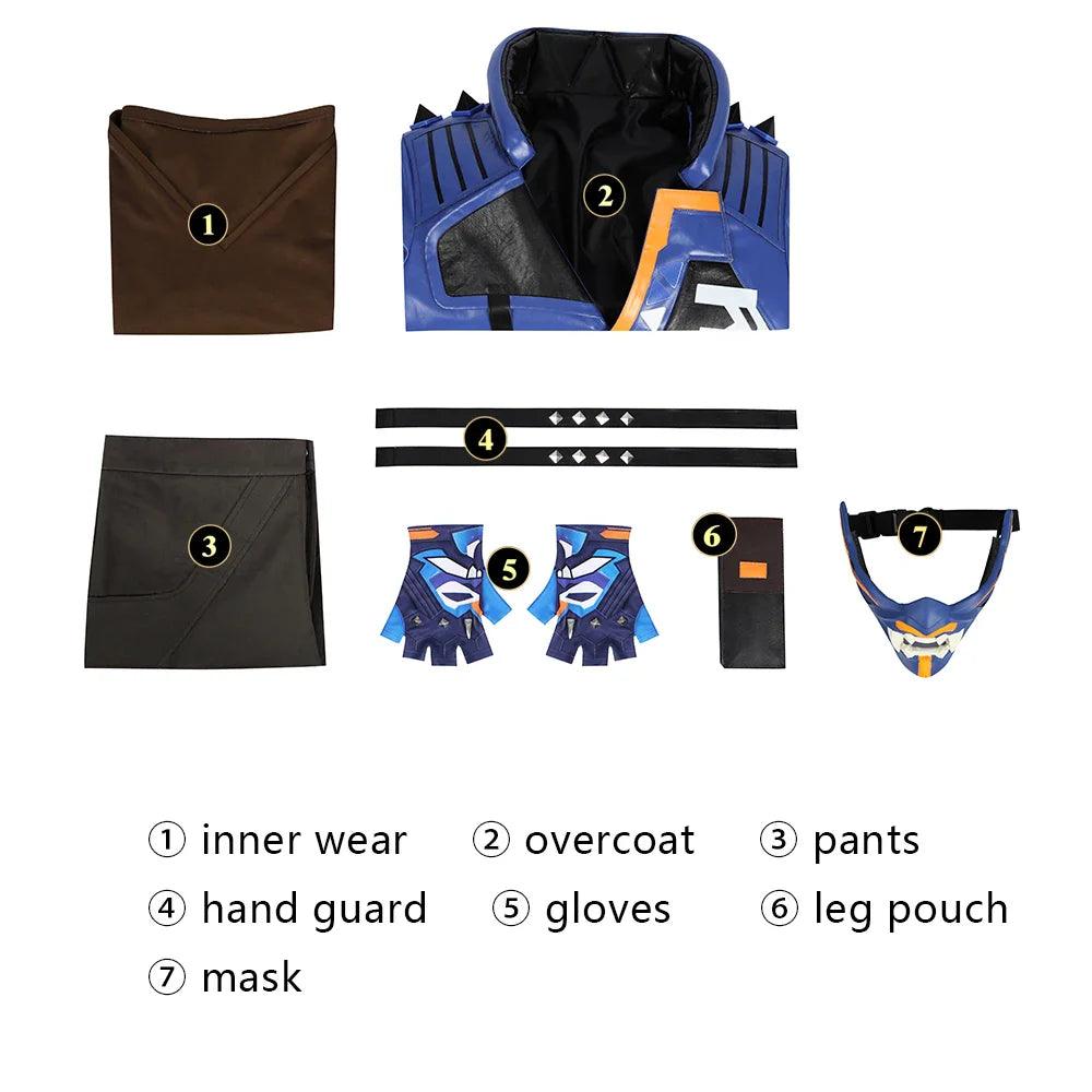 Game Valorant Yoru Cosplay Costume For Men Fantasia Blue Jacket Top Pants Mask Full Set Combat Uniform Halloween Party Outfits