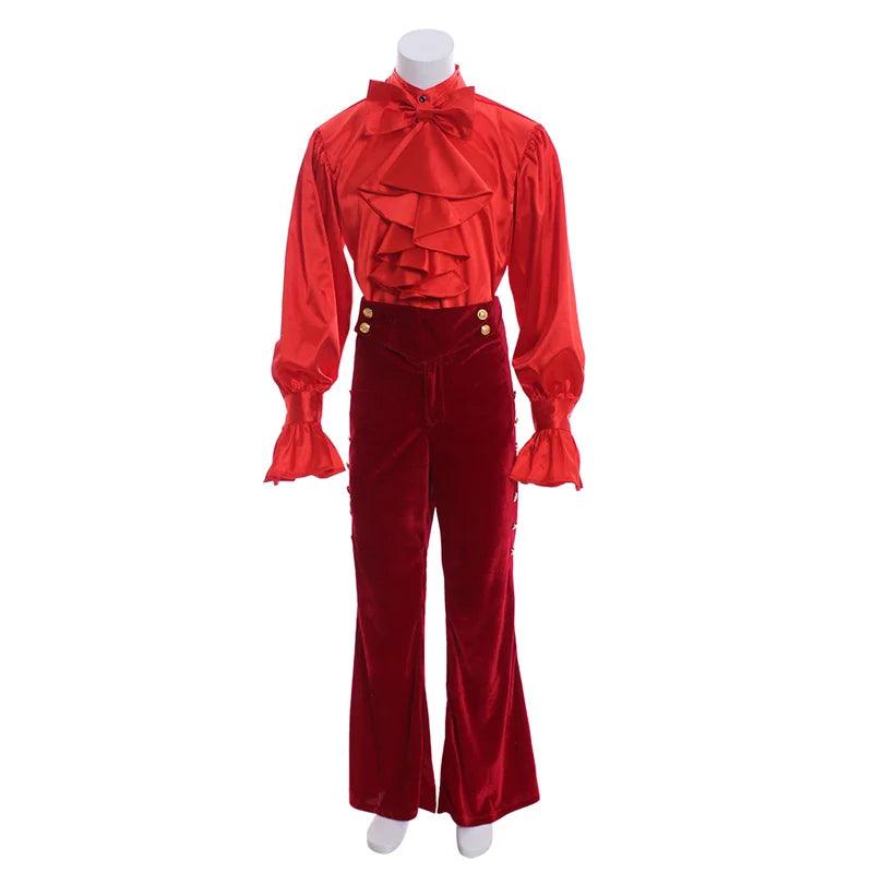 Medieval Renaissance Red Ruffle Shirt Pants Full Set Noble Prince Fashion Men's Vintage Halloween