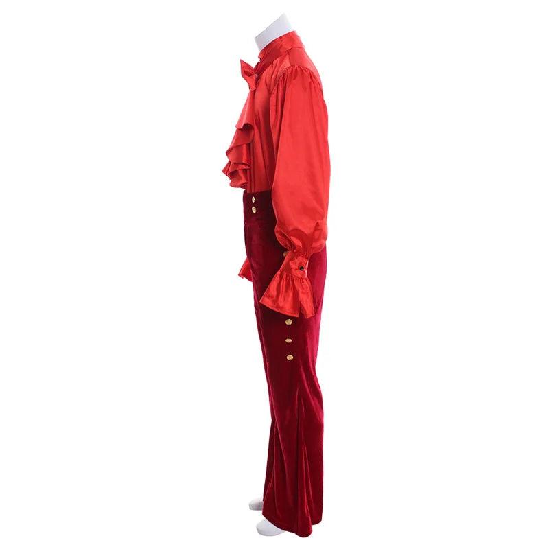 Medieval Renaissance Red Ruffle Shirt Pants Full Set Noble Prince Fashion Men's Vintage Halloween