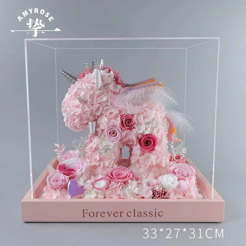 Unicorn Gift Box Rose Bouquet - Wedding Anniversary Ornament, Engagement & Birthday Gift for Her