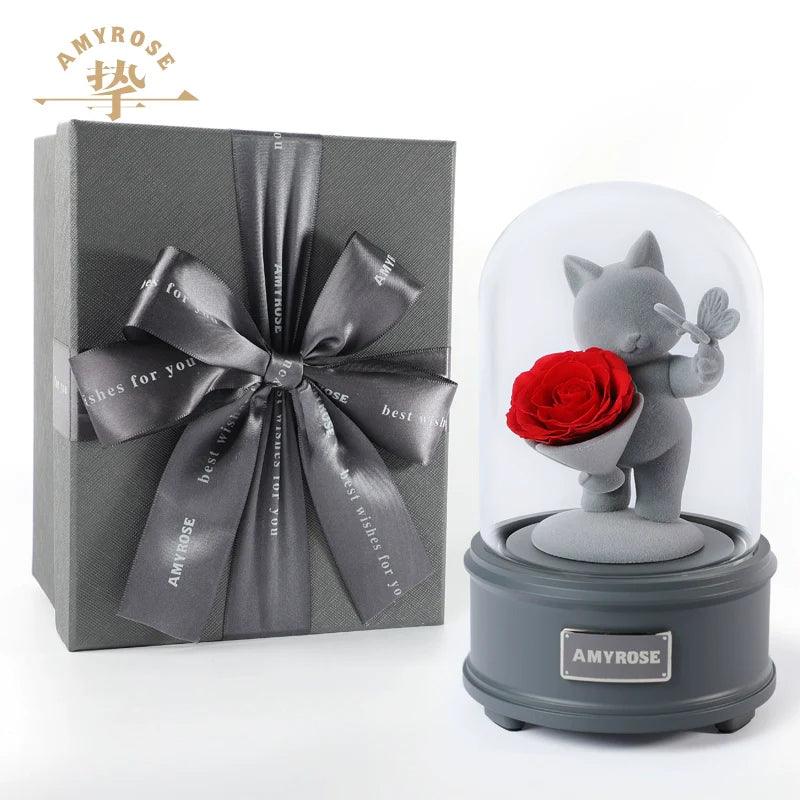 Forever Love Eternal Flower Gift - Romantic Rose Bouquet in Box with Adorable Bear and Bunny for Girlfriend