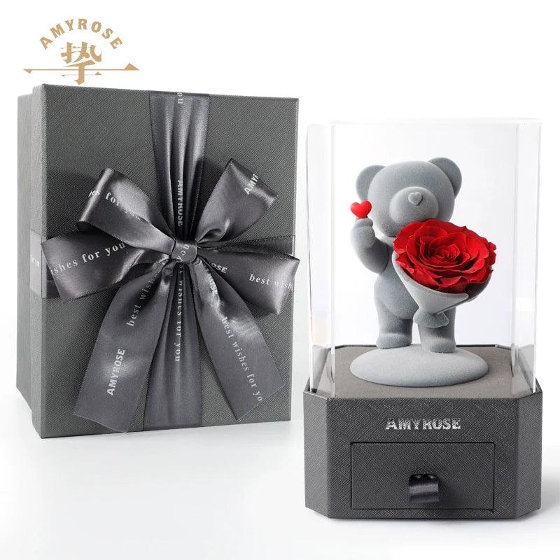 Forever Love Eternal Flower Gift - Romantic Rose Bouquet in Box with Adorable Bear and Bunny for Girlfriend