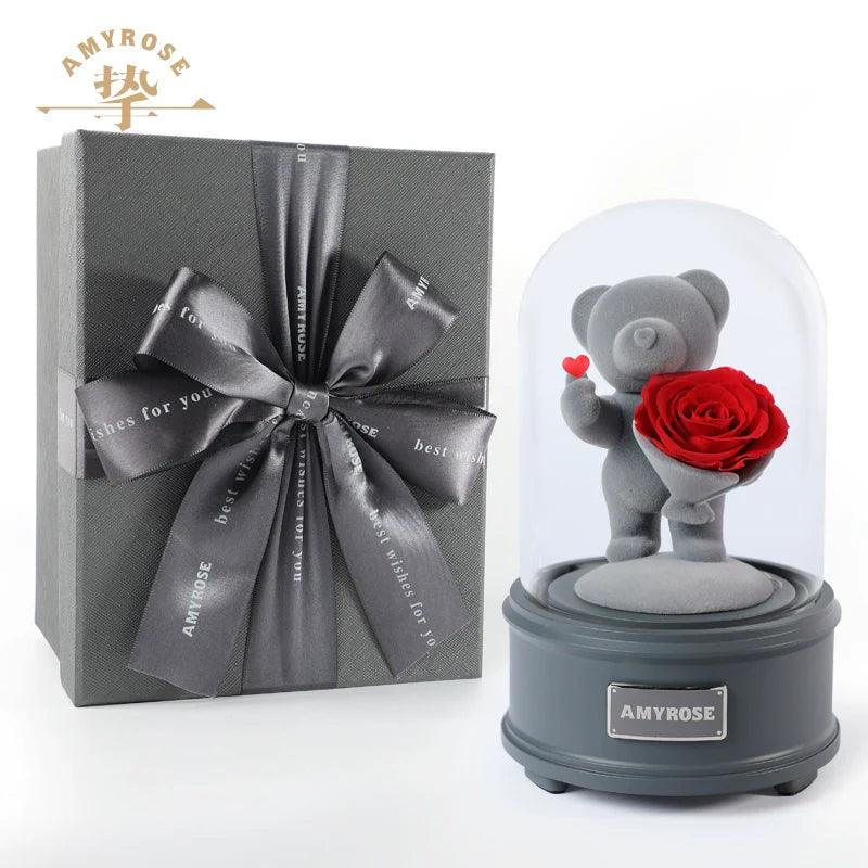 Forever Love Eternal Flower Gift - Romantic Rose Bouquet in Box with Adorable Bear and Bunny for Girlfriend