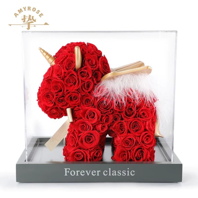 Unicorn Gift Box Rose Bouquet - Wedding Anniversary Ornament, Engagement & Birthday Gift for Her