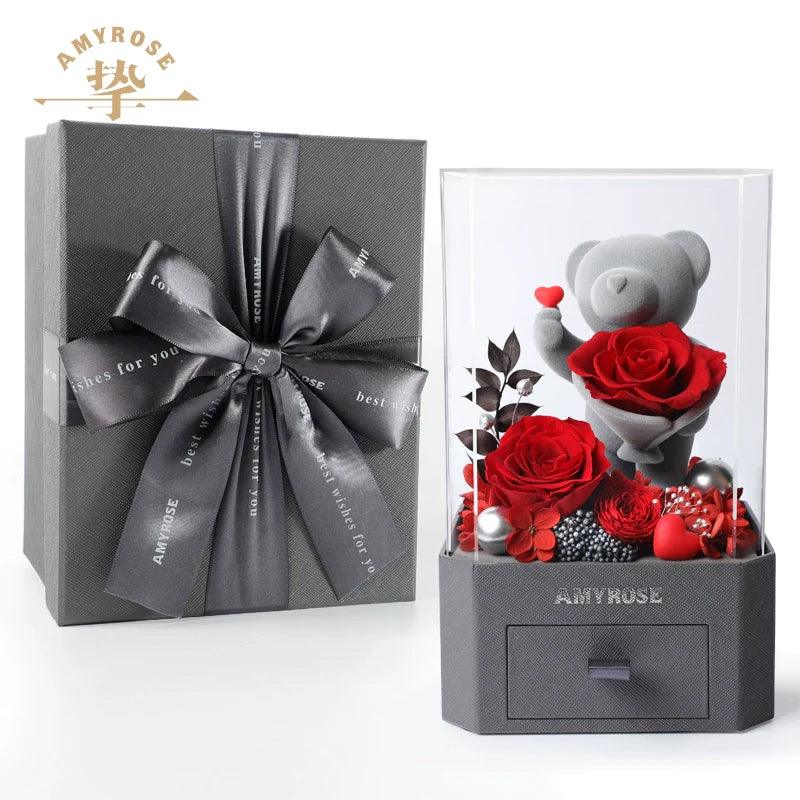 Forever Love Eternal Flower Gift - Romantic Rose Bouquet in Box with Adorable Bear and Bunny for Girlfriend