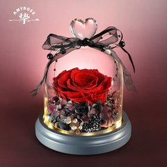 Wholehearted  Eternal Preserved Rose Glass Dome Heart-Shaped Bouquet - Luxury Valentine's Gift for Her Birthday