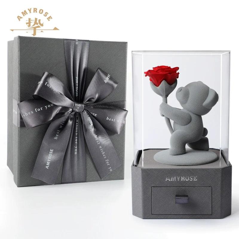 Forever Love Eternal Flower Gift - Romantic Rose Bouquet in Box with Adorable Bear and Bunny for Girlfriend