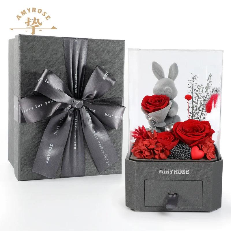 Forever Love Eternal Flower Gift - Romantic Rose Bouquet in Box with Adorable Bear and Bunny for Girlfriend