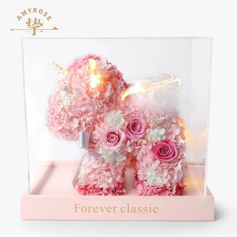 Unicorn Gift Box Rose Bouquet - Wedding Anniversary Ornament, Engagement & Birthday Gift for Her