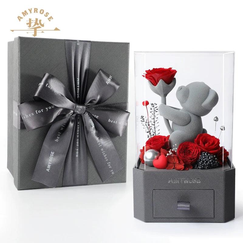 Forever Love Eternal Flower Gift - Romantic Rose Bouquet in Box with Adorable Bear and Bunny for Girlfriend