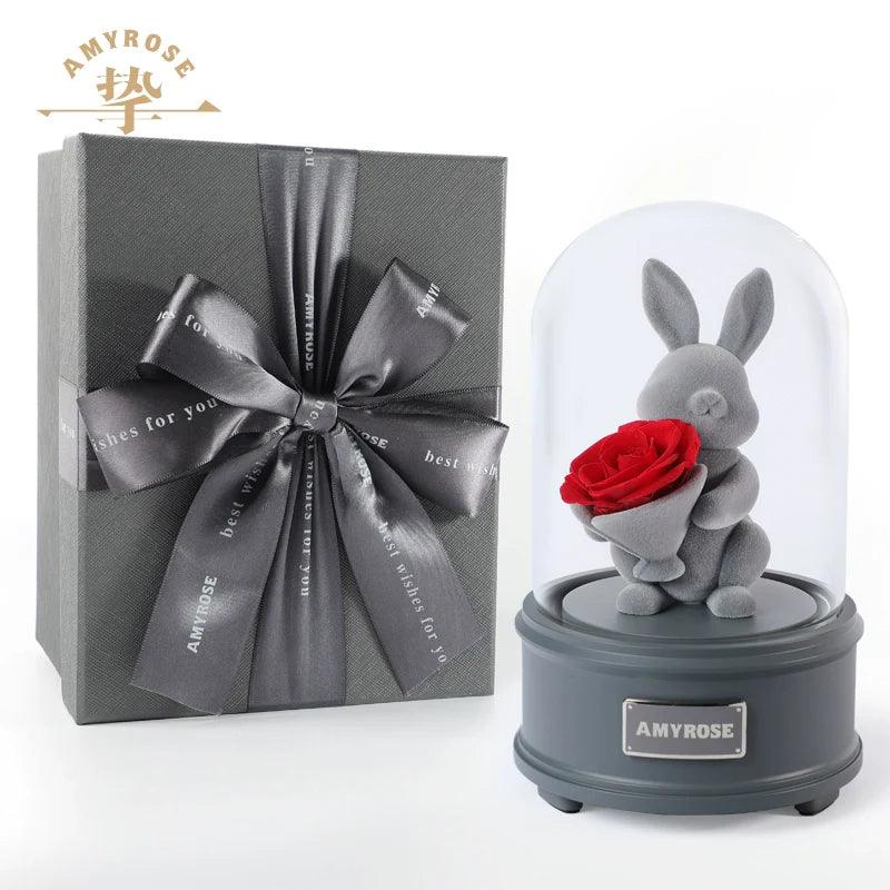 Forever Love Eternal Flower Gift - Romantic Rose Bouquet in Box with Adorable Bear and Bunny for Girlfriend