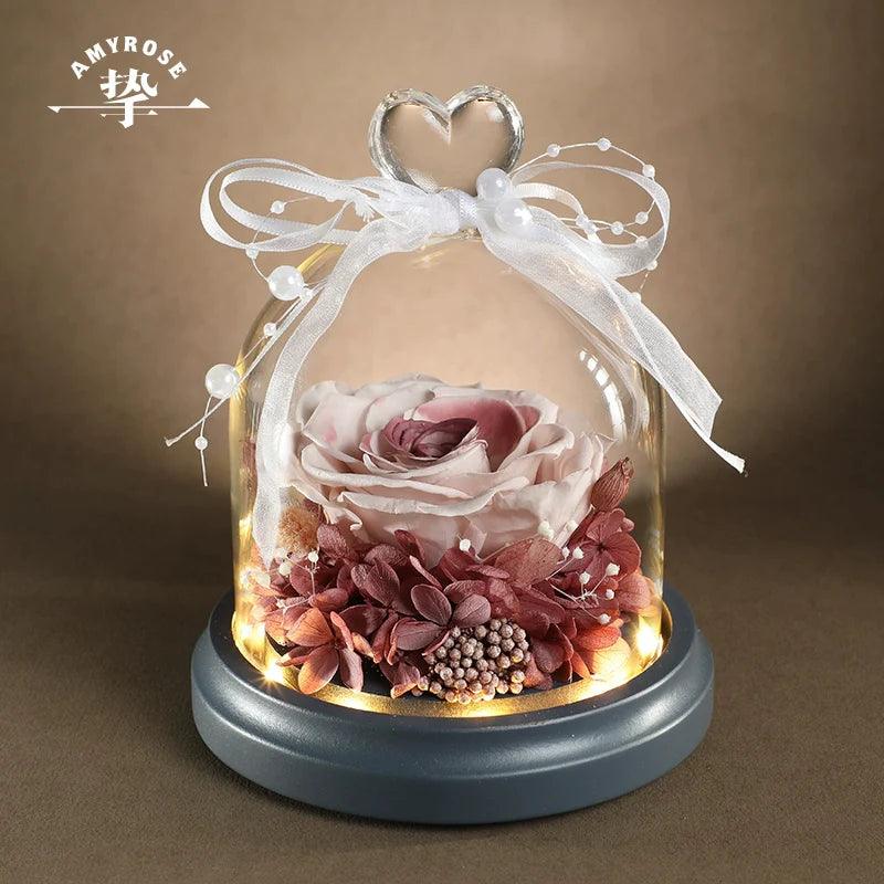 Wholehearted  Eternal Preserved Rose Glass Dome Heart-Shaped Bouquet - Luxury Valentine's Gift for Her Birthday