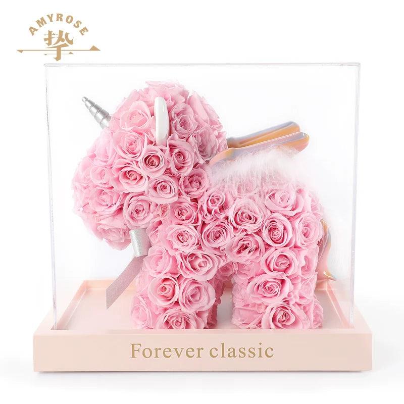 Unicorn Gift Box Rose Bouquet - Wedding Anniversary Ornament, Engagement & Birthday Gift for Her