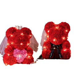 Valentine's Day PE Rose Bear Gift Set with Eternal Foam Rose, Lights, and Elegant Wedding Dress Design