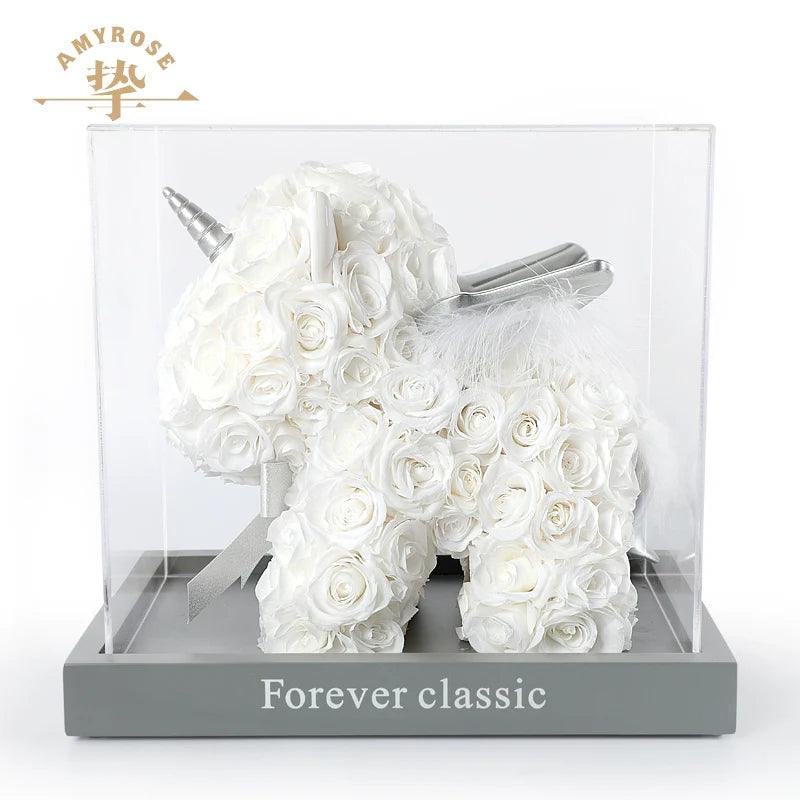 Unicorn Gift Box Rose Bouquet - Wedding Anniversary Ornament, Engagement & Birthday Gift for Her