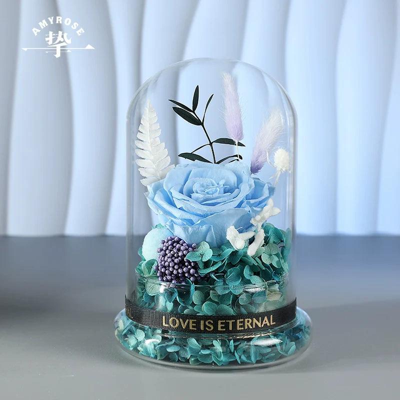 Pure Love Eternal Preserved Rose Glass Dome Gift Box - Blue Enchanted Rose Bouquet for Weddings, Birthdays Size12*17CM