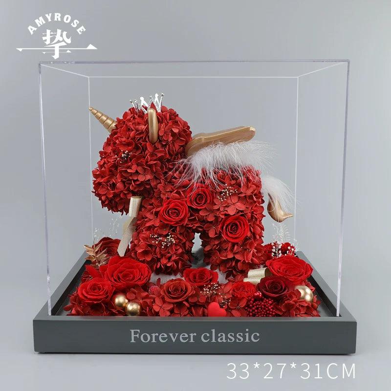 Unicorn Gift Box Rose Bouquet - Wedding Anniversary Ornament, Engagement & Birthday Gift for Her